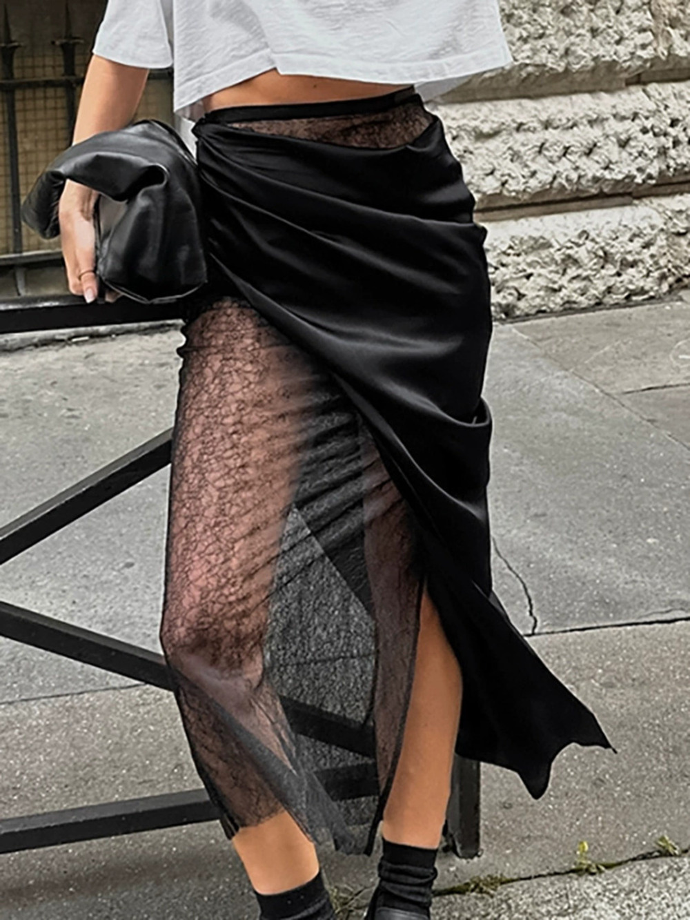 ZARA Womens Stylish Wrap Lace Sheer Asymmetric Patchwork Maxi Skirt